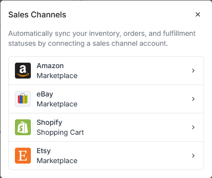 The Sales Channels picker with Amazon, eBay, Shopify, and Etsy