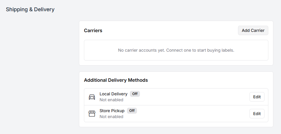 Shipping and delivery settings