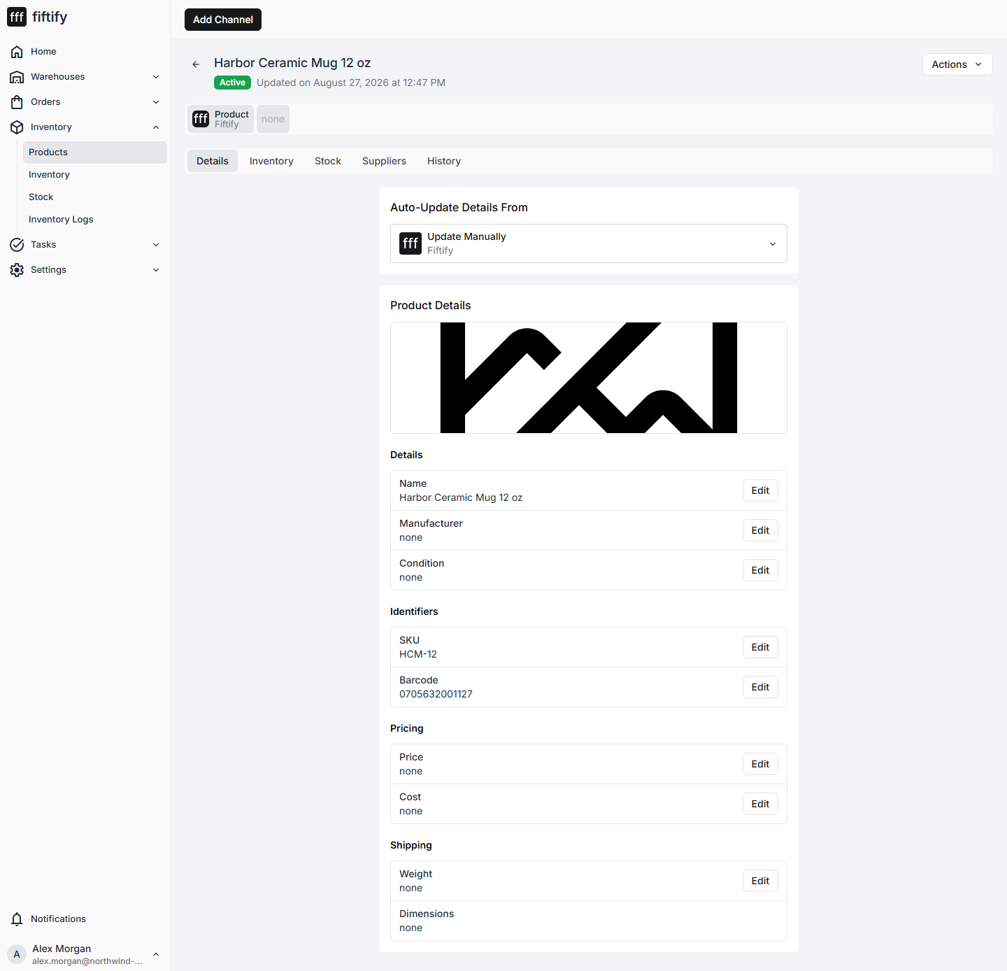 A product page with its Details, Inventory, Stock, Suppliers, and History tabs