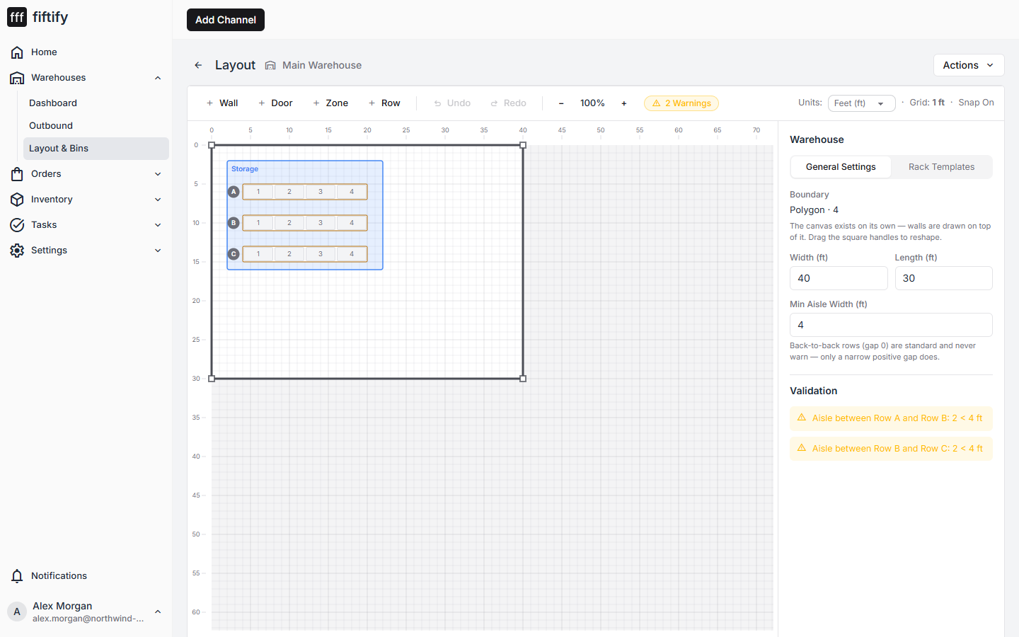 The layout editor with a zone and three aisles