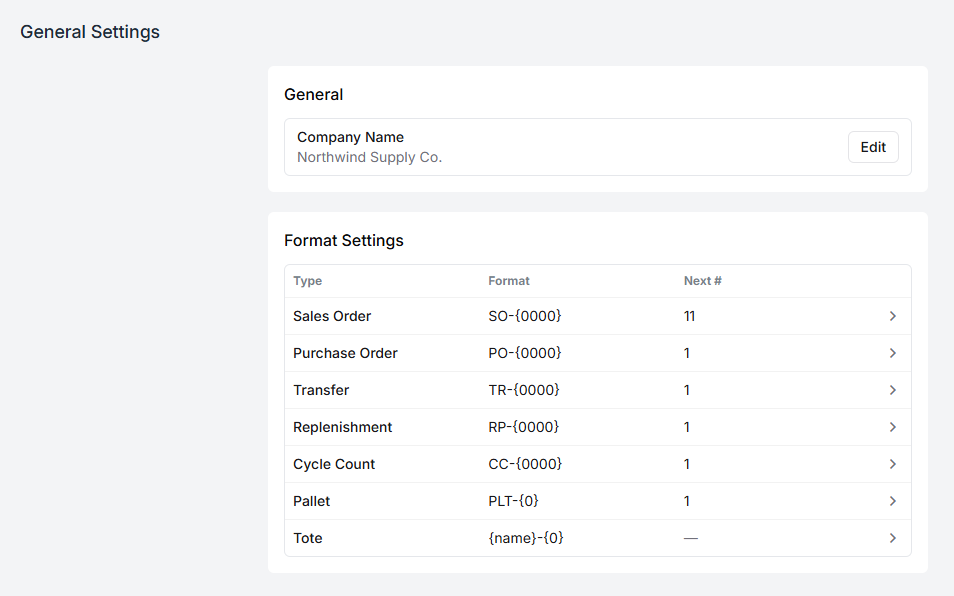 General settings, with the company name and the numbering formats