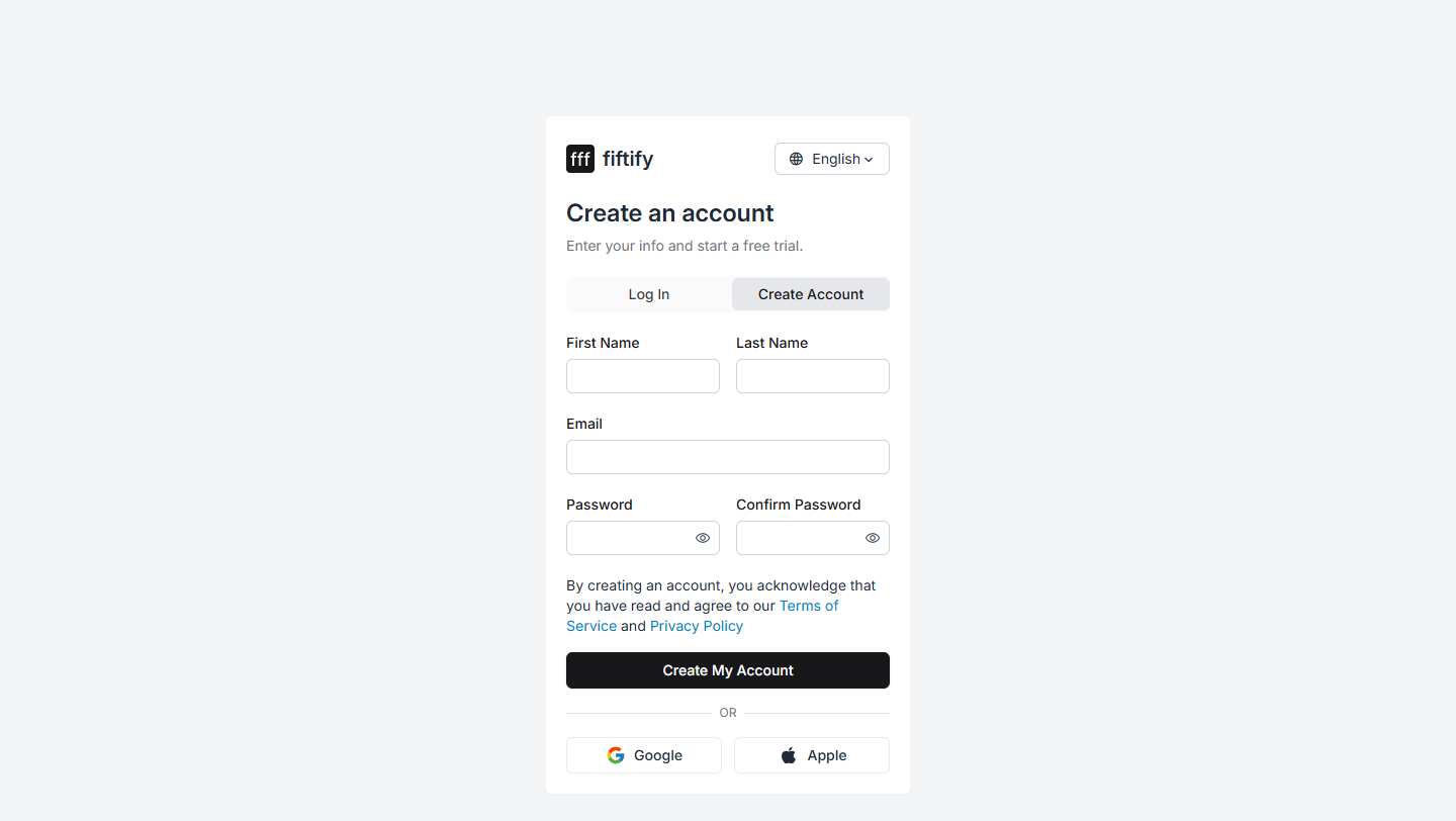 The Fiftify sign-up form