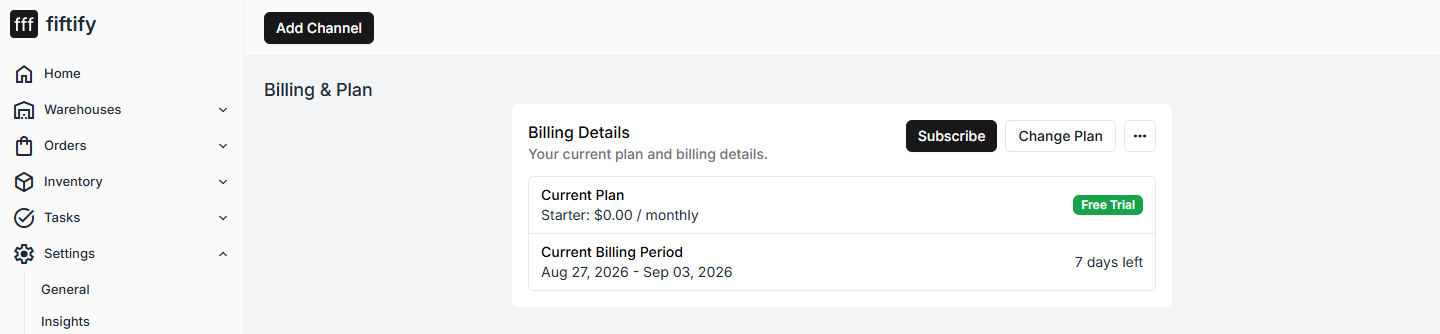 Billing and plan showing a free trial with 7 days left