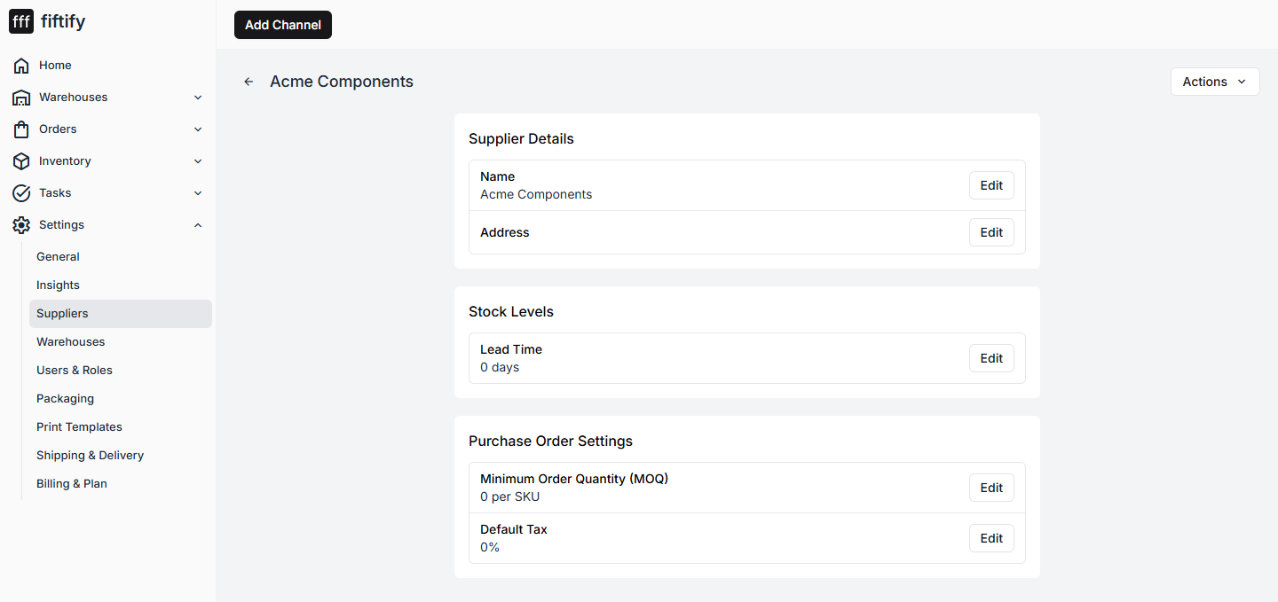 A supplier page with details, stock levels, and purchase order settings
