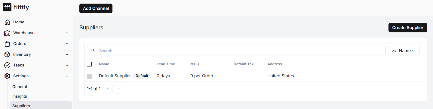 The supplier list showing the default supplier