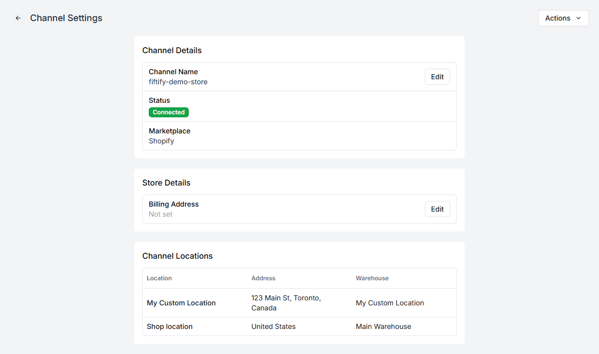 A channel's settings, with its details and locations