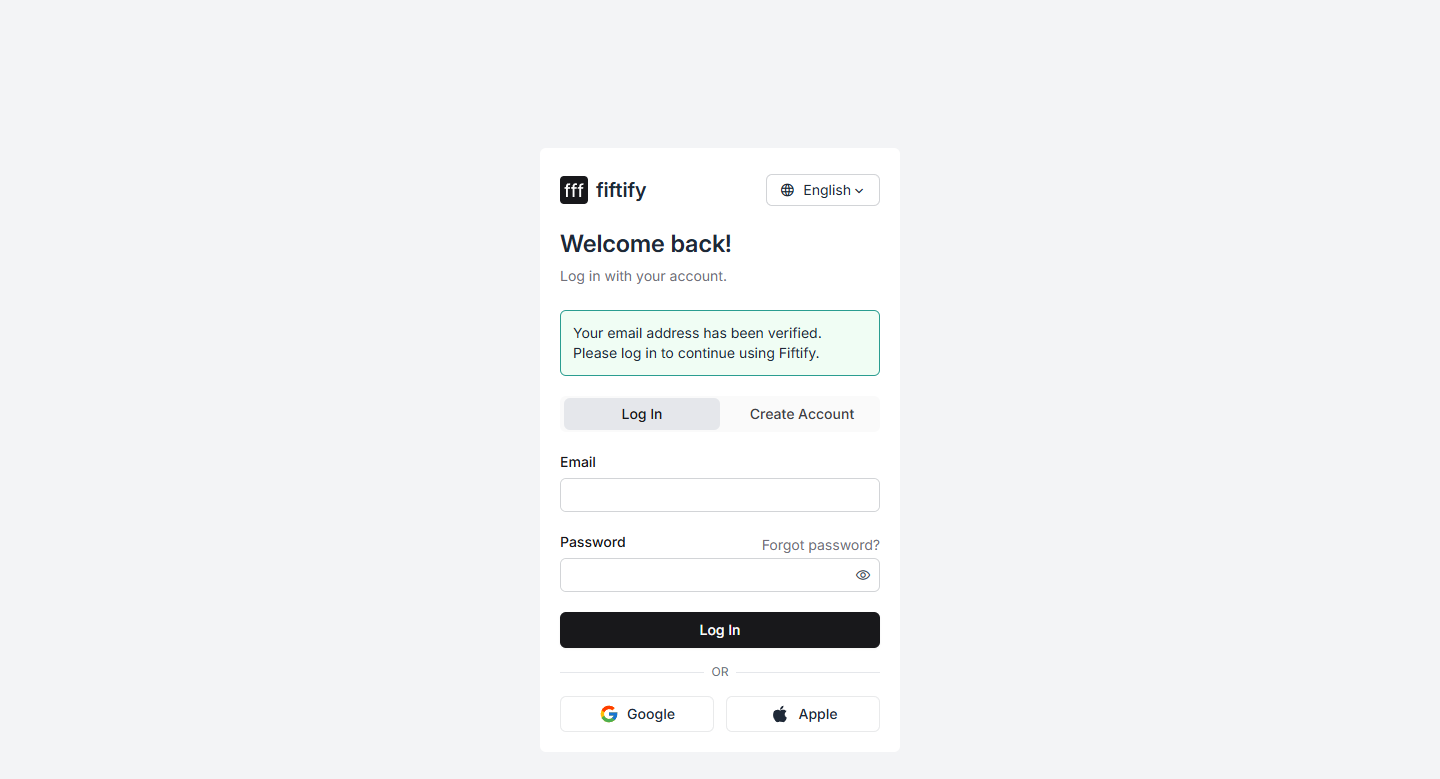 The login page after email verification