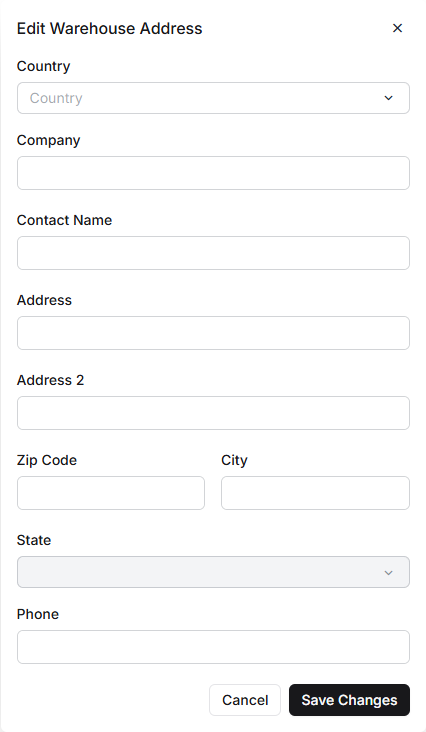 The warehouse address form