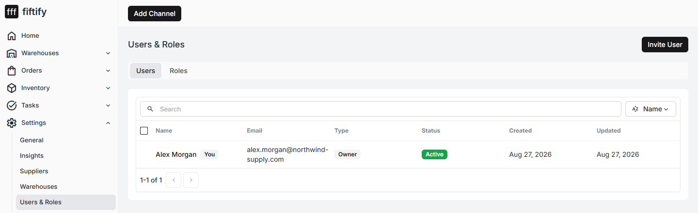 The Users list with the owner account