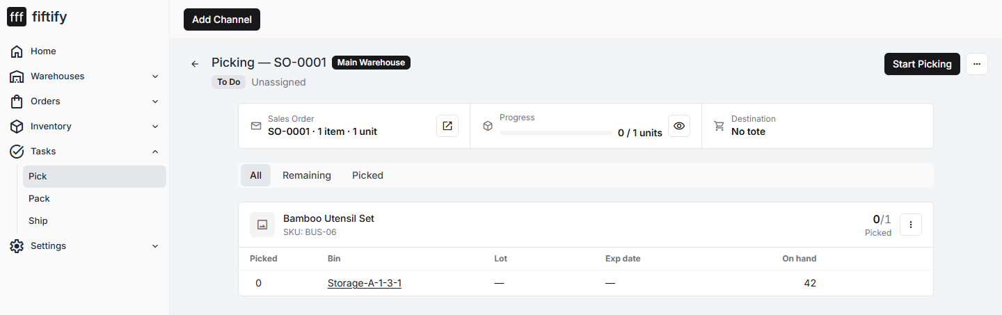 A pick task ready to start