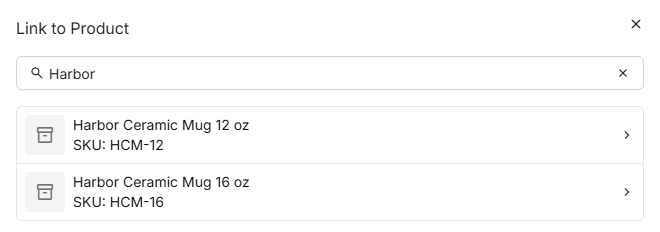 Searching for a product to link, matched on SKU