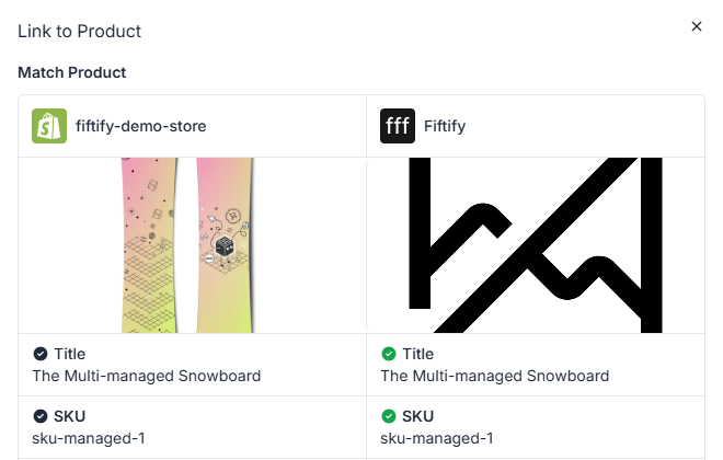 The side-by-side match on title, SKU, and barcode