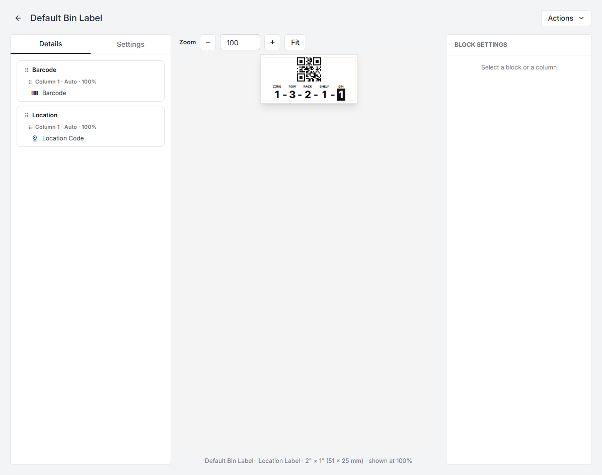 The bin-label template editor