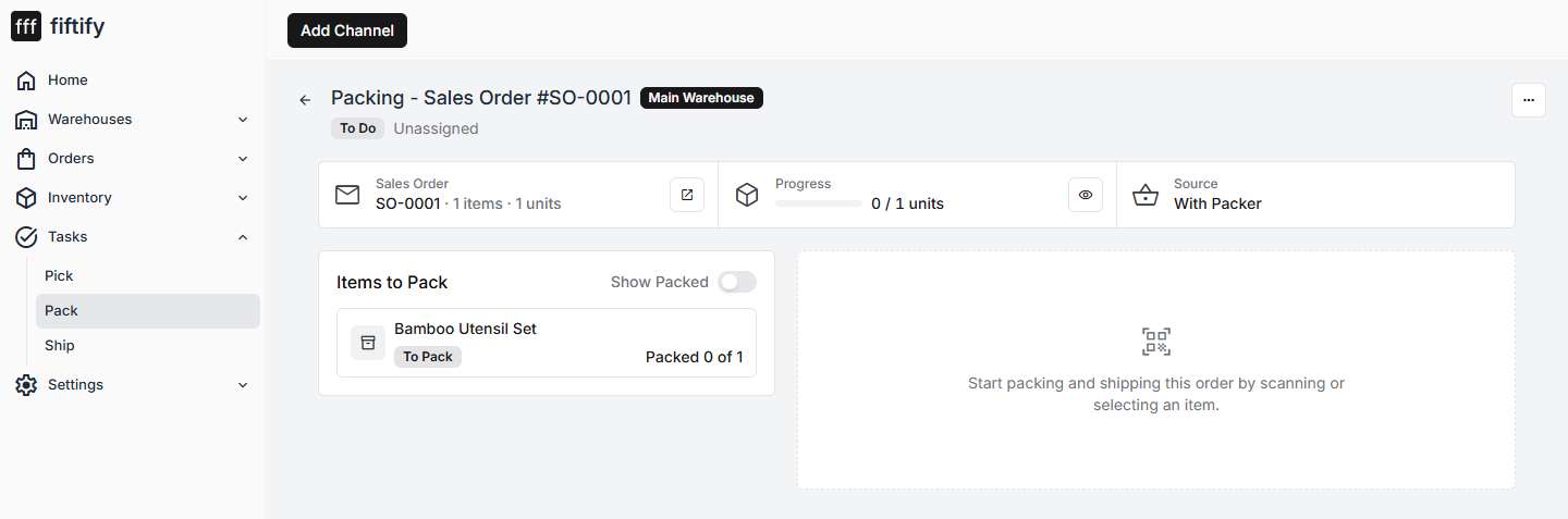 A pack task with items waiting to be packed