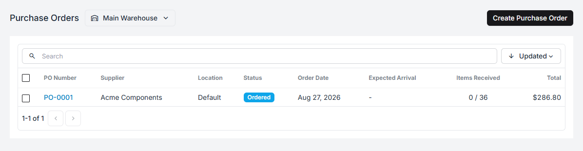 The purchase orders list