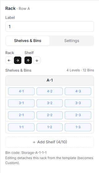 The rack editor showing four levels and twelve bins