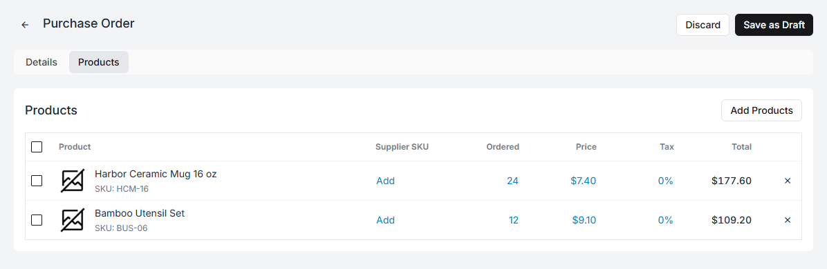 Products on a draft purchase order