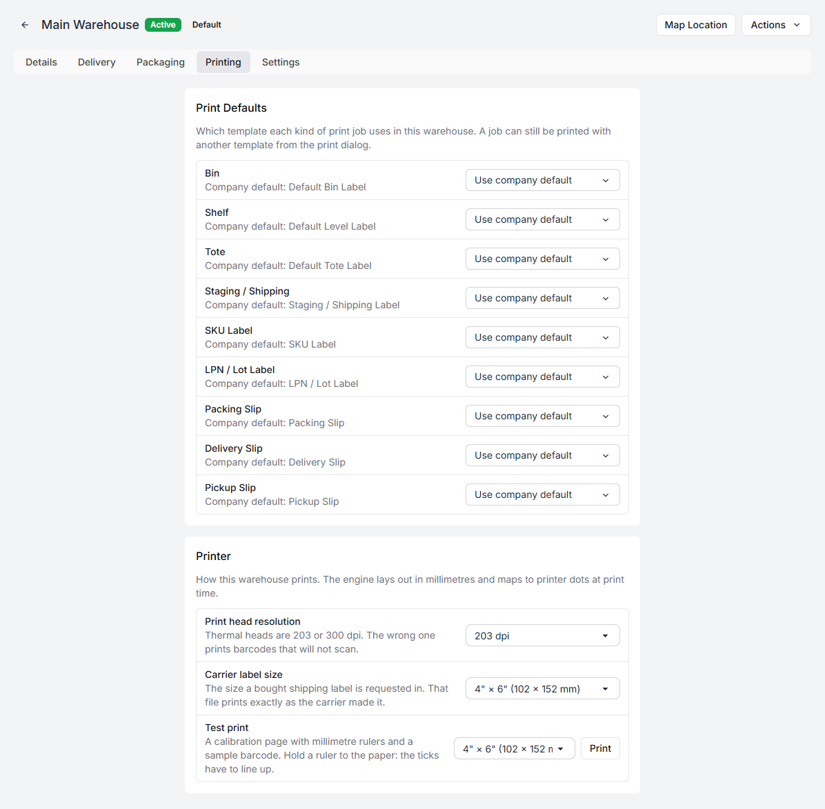 Print defaults for a warehouse